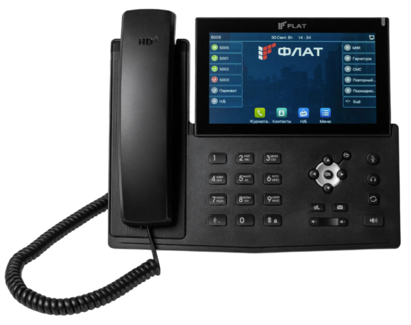 ФЛАТ-ПРО Flat-Phone A10Р, ip-телефон (20 SIP-аккаунтов, 2 порта 10/100/1000BASE-T (RJ-45), ЖК-цветной сенсорный дисплей 7” с подсветкой, разрешение 1024x600Pix, PoE, адаптер питания в комплекте)